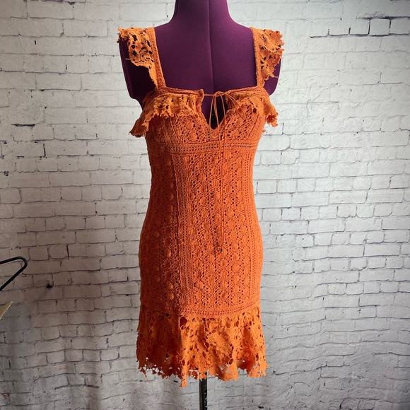 Free People Dresses & Skirts - Free People size 2 cross my heart mini dress orange crocheted lace